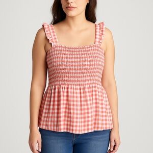 Freshman 1996 Red Gingham Smocked Ruffle Strap Peplum Tank Top Size XL